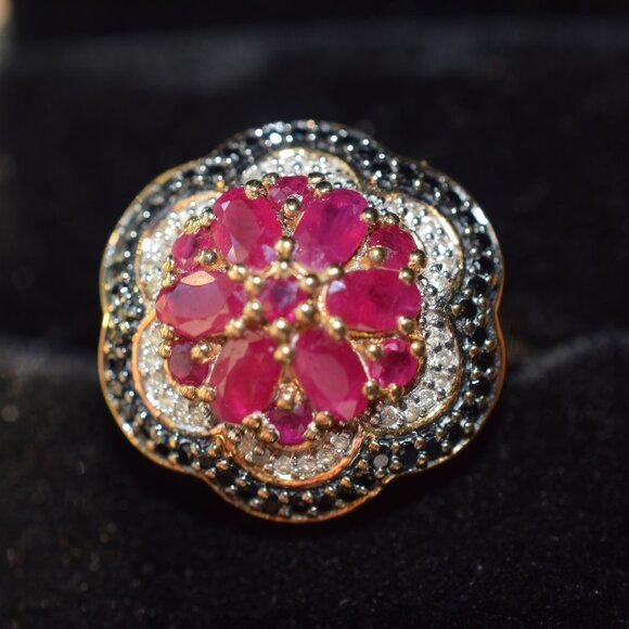 Chuck Clemency genuine ruby, diamond and sapphire, 925 with gold vermeil ring - Picture 1 of 6